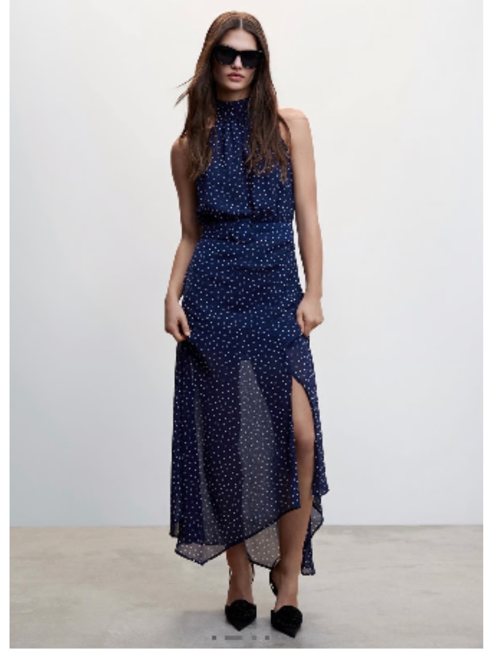 MANGO MNG HALTER-NECK POLKA DOT MAXI DRESS WOMEN SZ US 4 NAVY WHITE